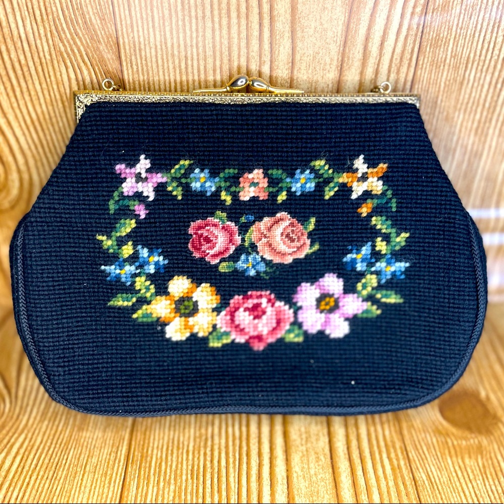 Vintage Floral Hand Bag Purse 10.25W" Needlepoint- Black with Multicolor Flowers